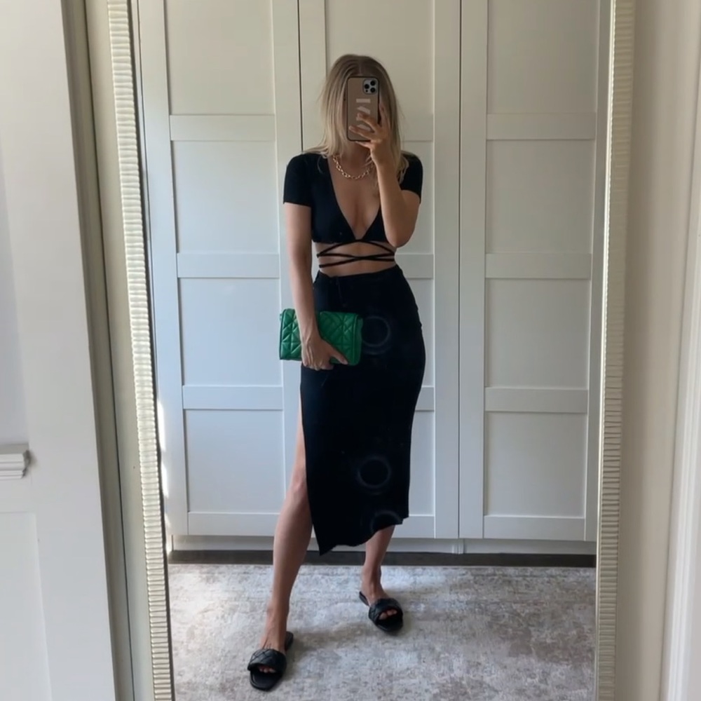 Vici Black Tie Front Crop Blouse and Midi Skirt